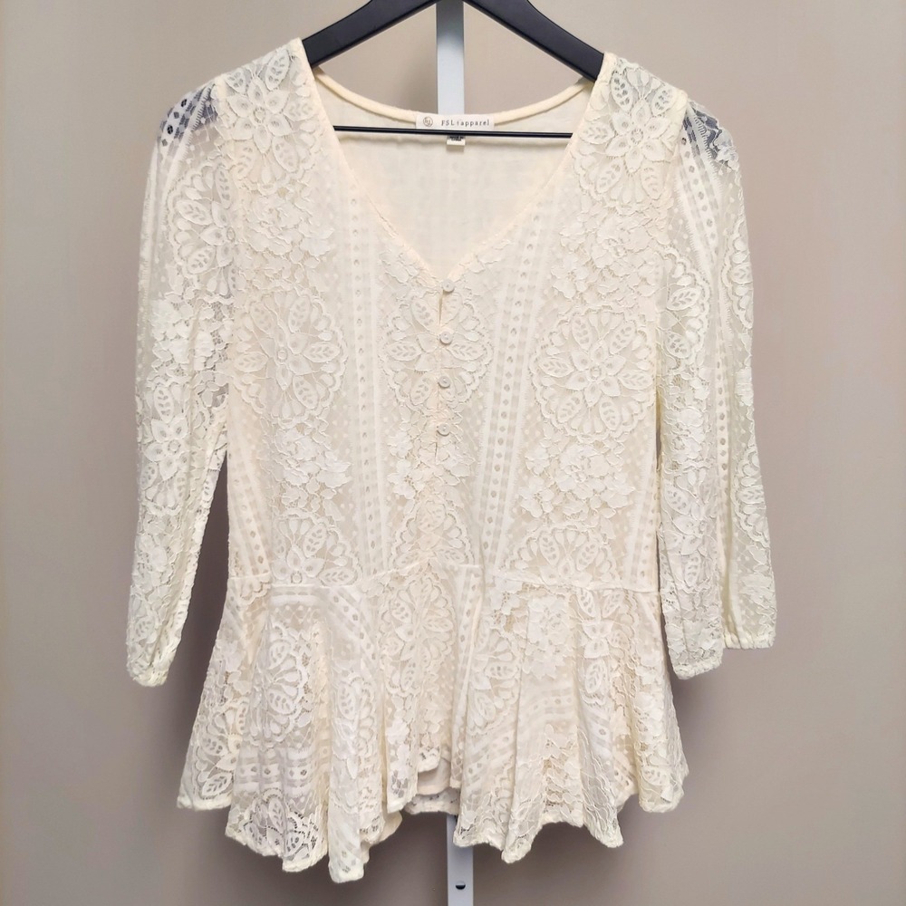 FSL Cream Floral Lace Peplum Blouse 3/4 Sleeve V-Neck S Cottagecore Coquette